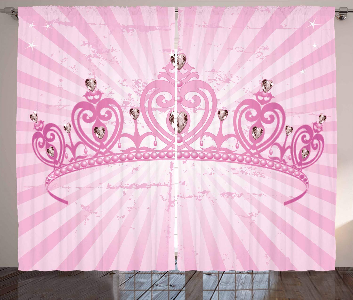 ABAKUHAUS Queen Curtains, Childhood Theme Pink Heart Shaped Princess Crown on Radial Backdrop Romantic, Living Room Bedroom Window Drapes 2 Panel Set, 280 x 260 cm, Pink Pale Pink — image 1
