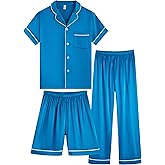 OEIU Girls Boys Silky Satin Pajamas Set 3 Pcs for Kid Children Silk pjs Set Sleepwear Button-up Nightwear