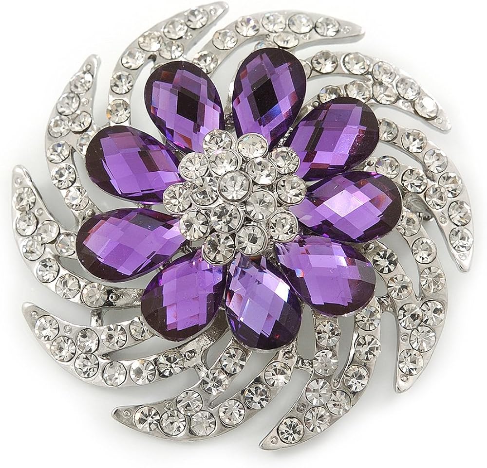 Dimensional Clear/Amethyst Crystal Corsage Brooch In Rhodium Plating - 5cm Diameter, silver, white / ivory, purple, violet