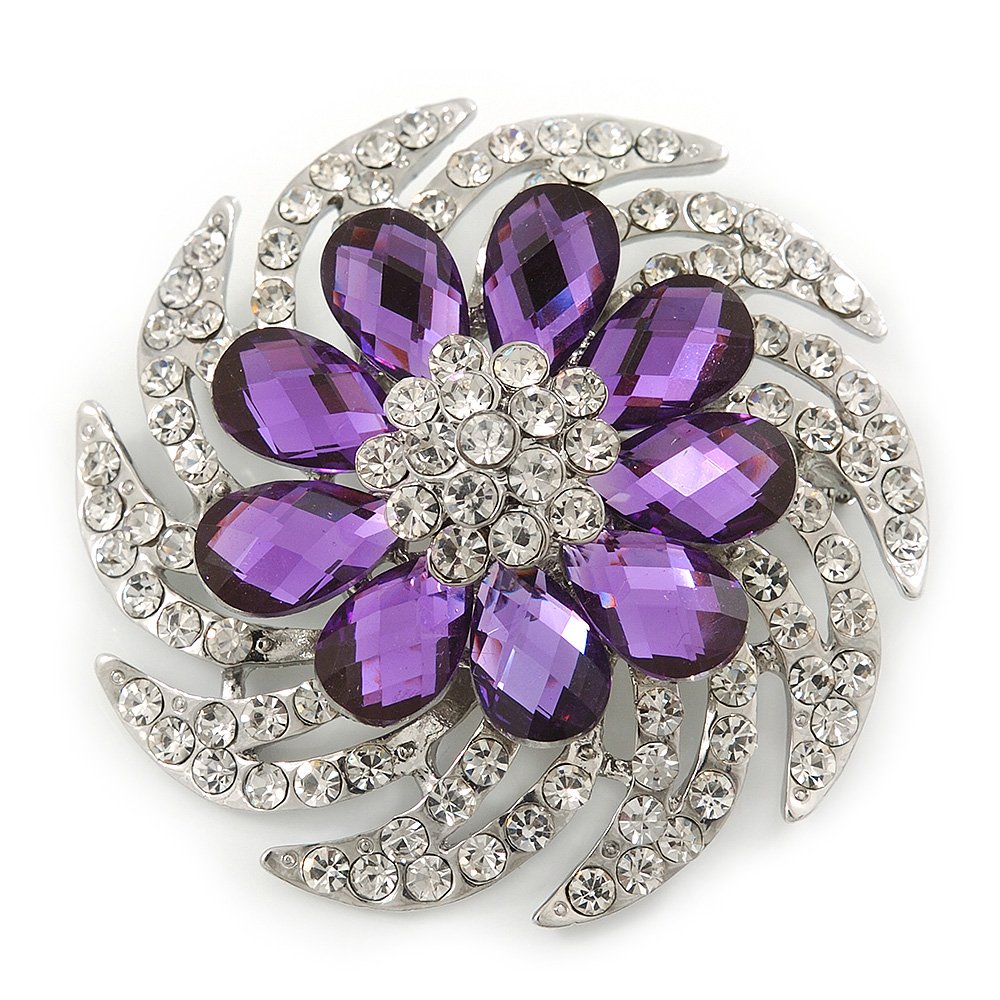 Dimensional Clear/Amethyst Crystal Corsage Brooch In Rhodium Plating - 5cm Diameter