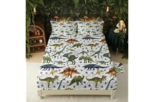 QOOMO Dinosaur 4 Piece Kids Sheet Full Size,Jurassic Dinosaur Bedding Sheet Set,Boys Printed Flat Sheet Fitted Sheet with 16" Deep Pocket,100% Microfiber Ultra Soft and Skin Friendly