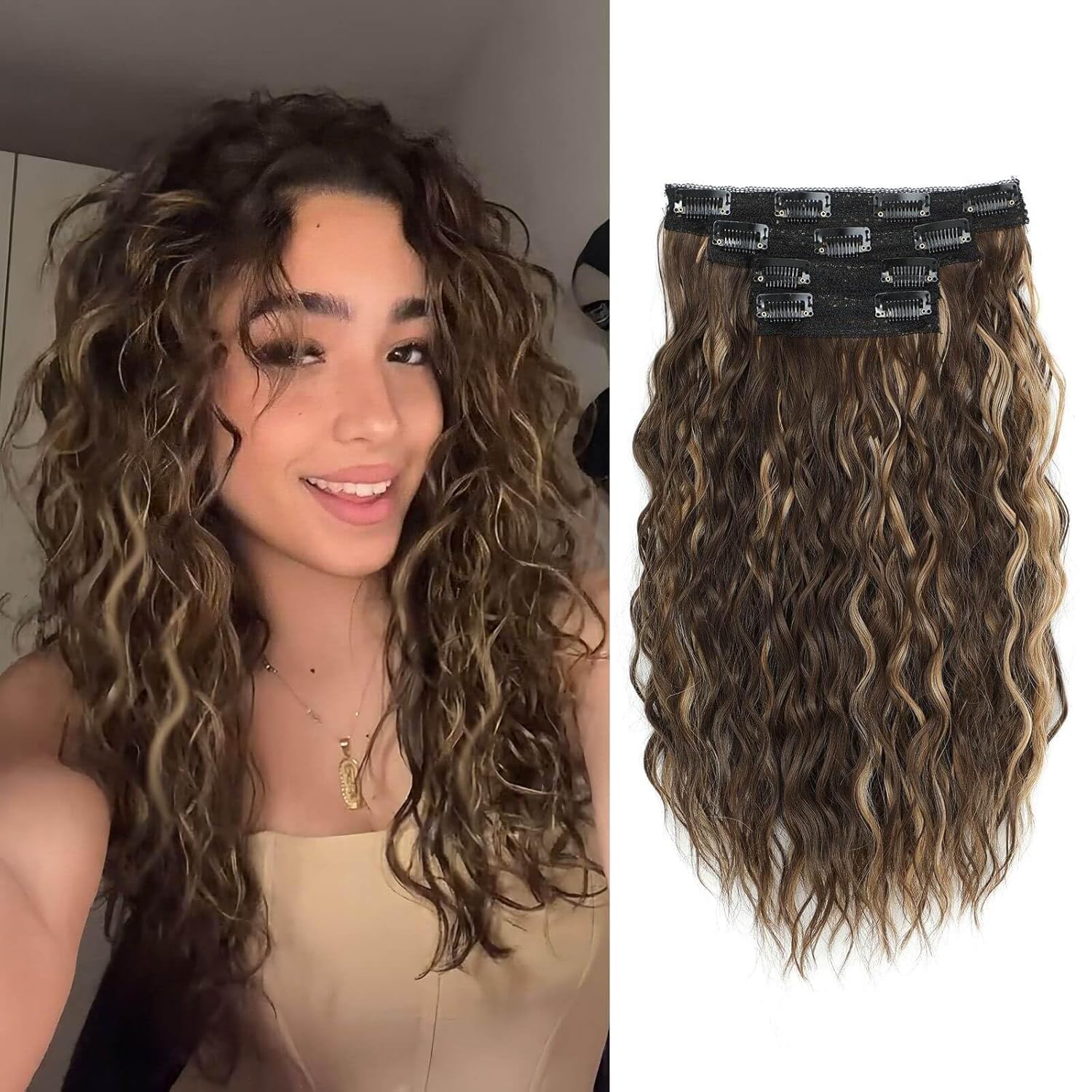 Flyroseing 4PCS Clip in Hair Extension,Dark Brown with Highlights Hair Extensions Clip in 14" Short Curly Hair Extensions Seamless Lace Weft Natural Soft Mermaid Waves Hairpieces for Women