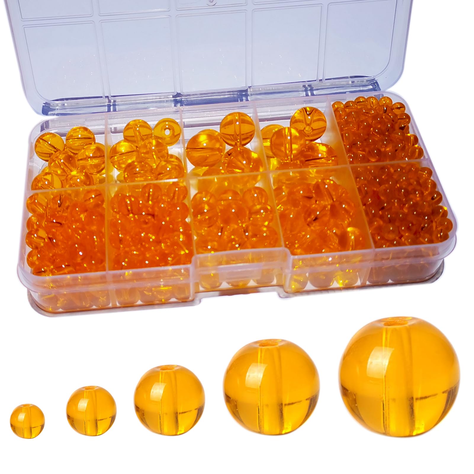 Gocelyn 476PCS Round Crystal Glass Beads for DIY Craft Projects (Orange), Smooth Round Spacer Loose Glass Beads for Crafts Charms Pendants 4/6/8/10/12mm