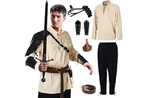 Jeyiour Men's Renaissance Costume Set Medieval Shirt Pirate Outfit Cosplay Viking Ankle Pants Belt Pouch Armband