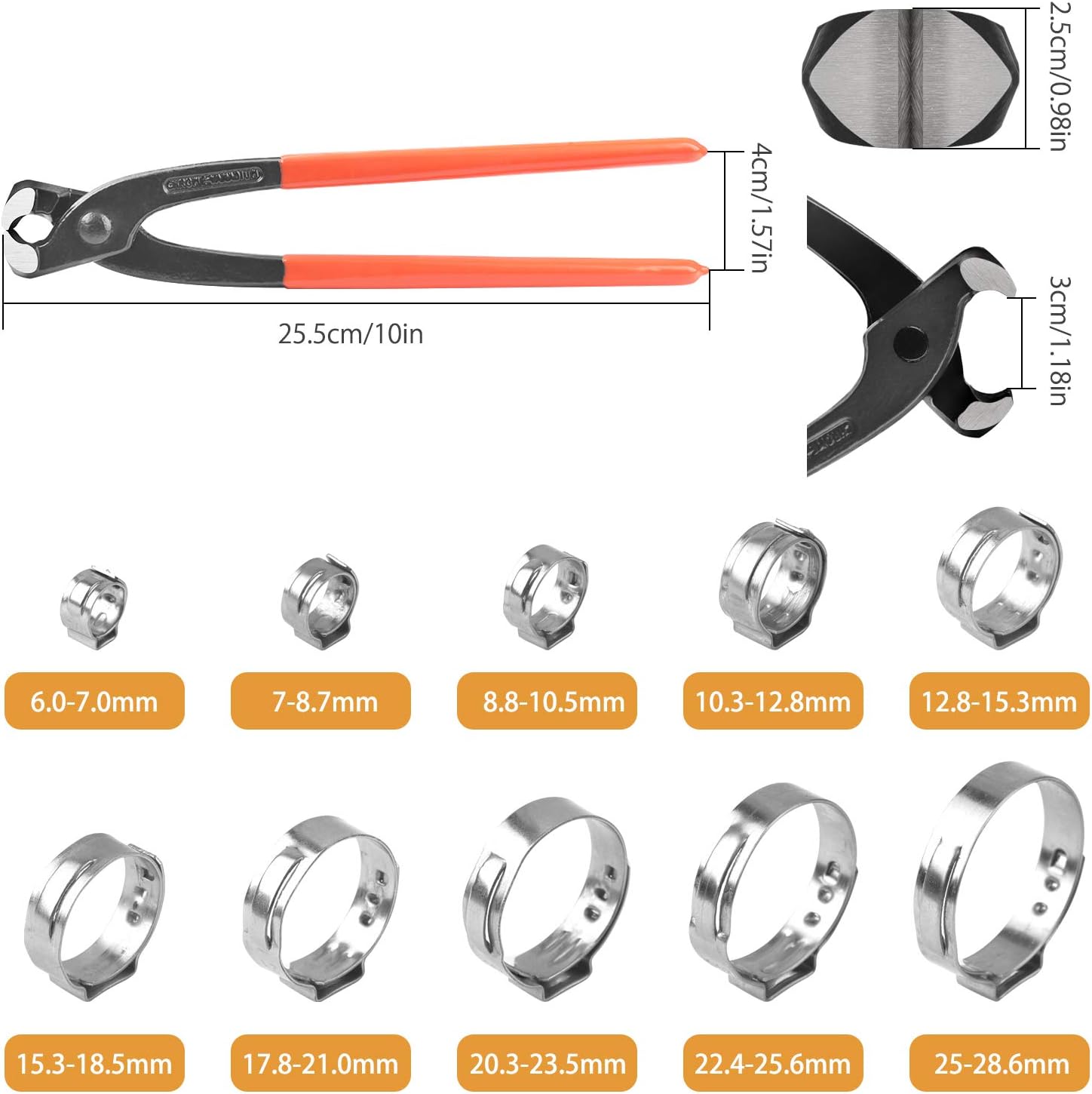 VIGRUE 115Pcs 304 Stainless Steel Single Ear Hose Clamps, 6-28.6mm Stepless Hose Clamps with Ear Clamp Pincer, Cinch Rings Crimp Hose Clamps Assortment Kit for Water Pipe, Plumbing and Automotive Use - - 