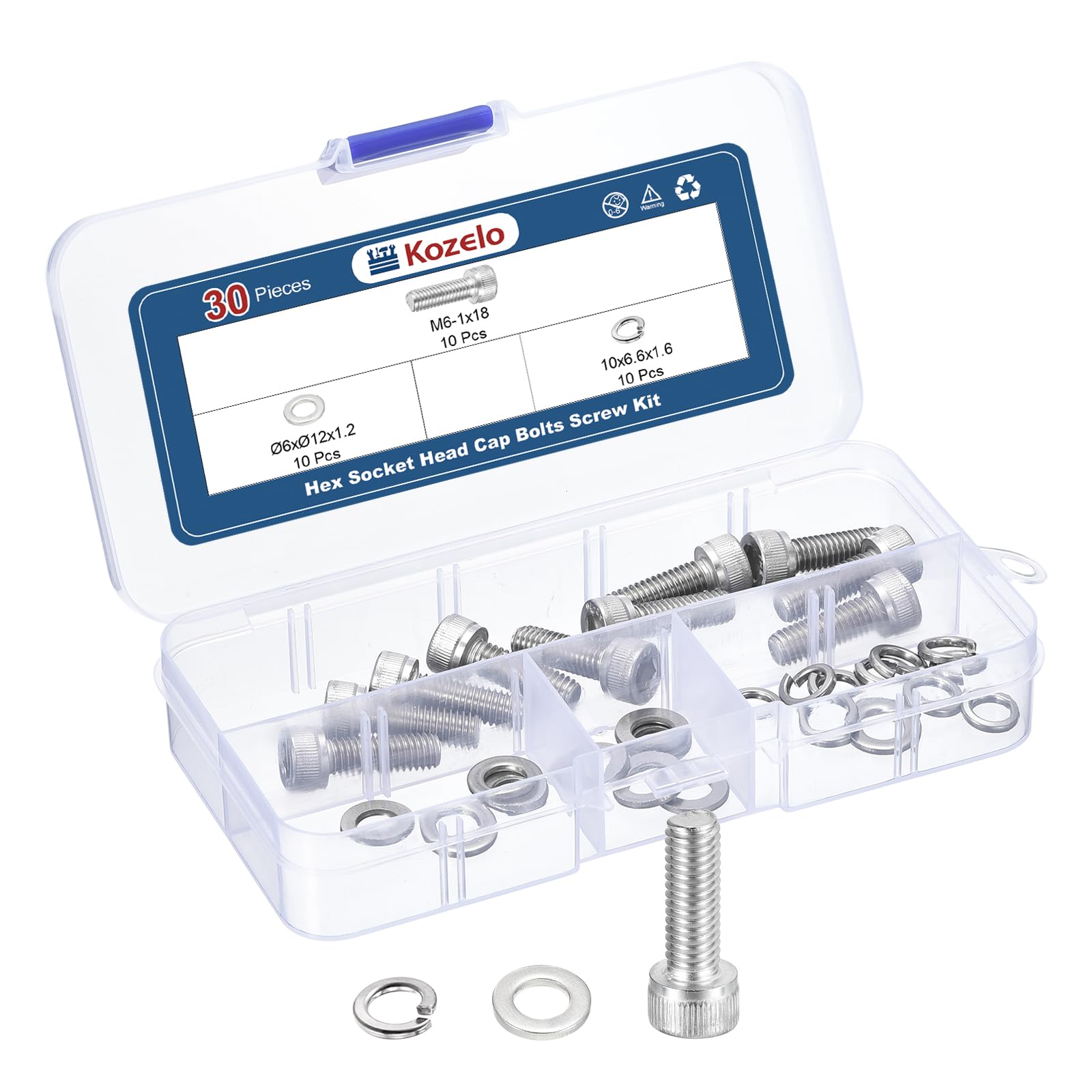 Kozelo 30pcs M6 Socket Head Cap Screws Bolts Nuts Assortment Kit - [M6x18mm] 304 Stainless Steel Allen Socket Drive for 3D Printer
