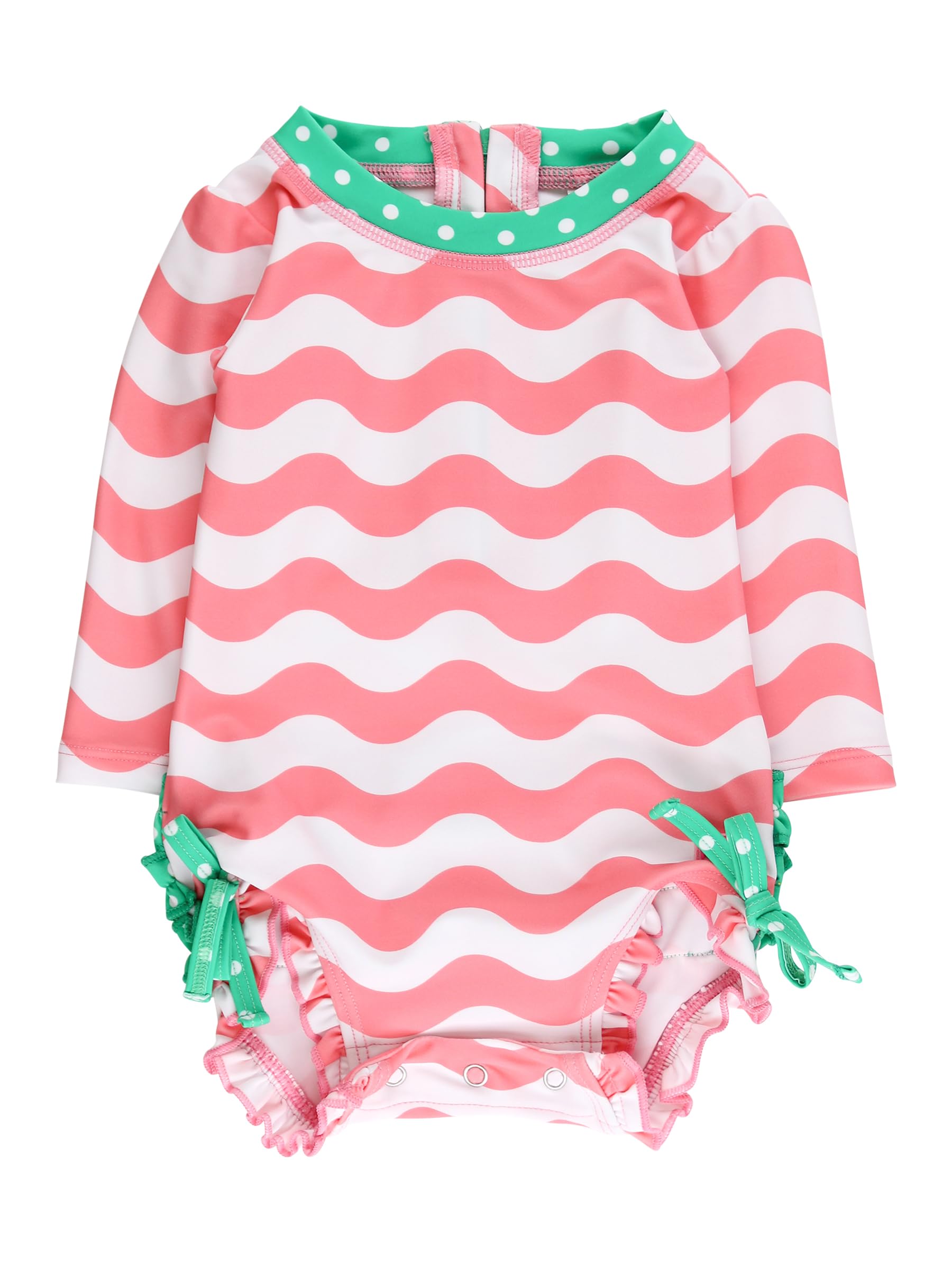 RuffleButts Baby Girls UPF 50+ Sun Protection Novelty Print Long Sleeve One Piece Rash Guard Swimsuit with Zipper - Bubblegum Pink Wavy Stripe, 18-24m Image