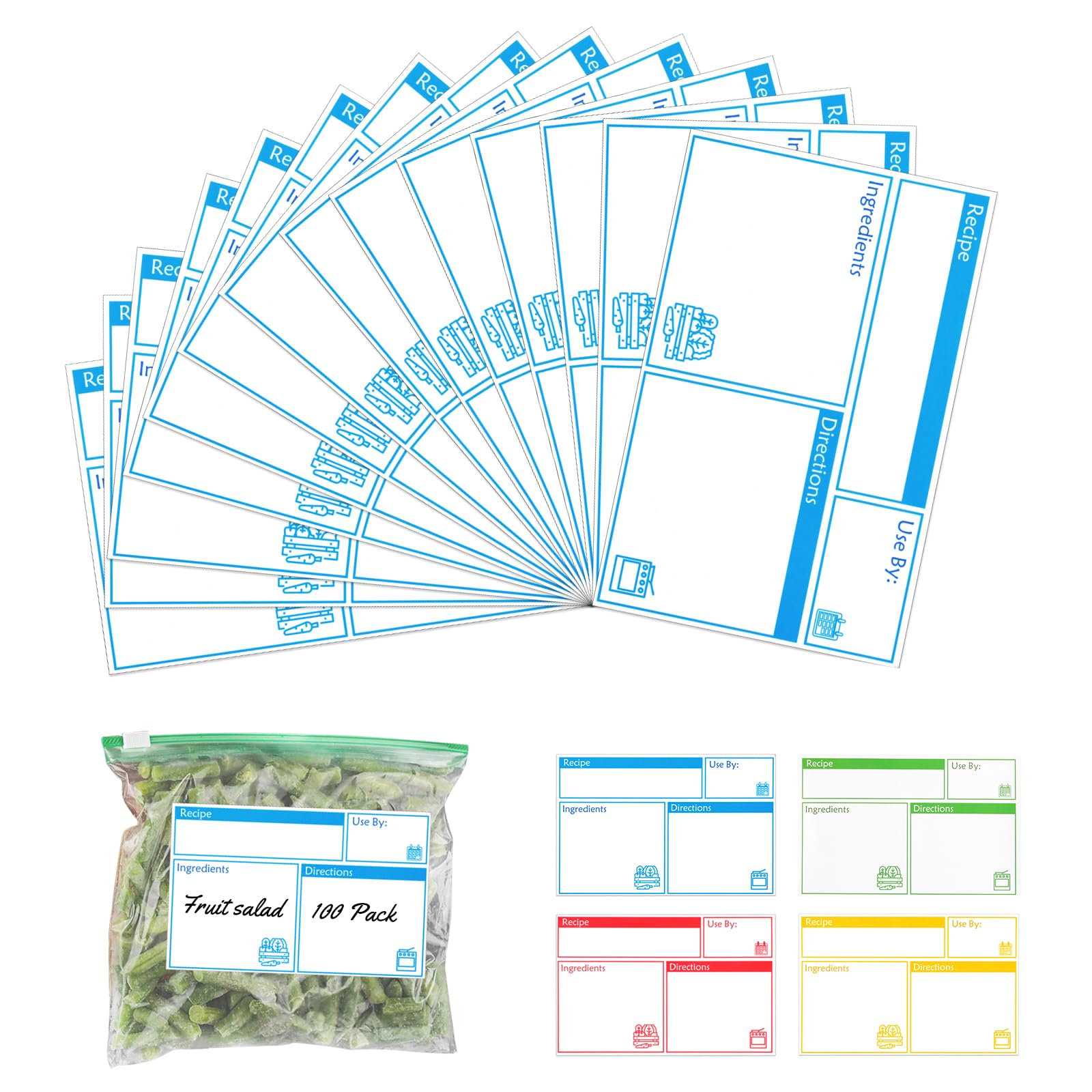 Photo 1 of 100pcs Labels for Freezer Bags Freezer Meal Labels with Instructions 3.2 X 5 inch Oil and Water Resistant Labels Food Labels for Freezer Storage for Leftovers in Fridge Removable Freezer (Blue)