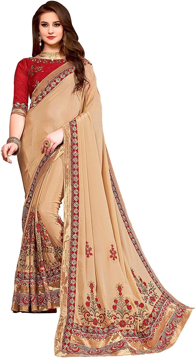 Tiggy India Women's Embroidery Work Faux Georgette Saree with Blouse Piece (10005_Beige)