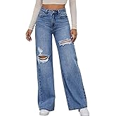 WDIRARA Women's High Waist Ripped Wide Leg Baggy Jeans Distressed Denim Pants