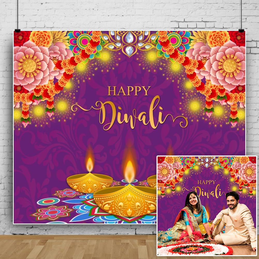 Photo 1 of DASHAN 10x8ft Diwali Backdrop for Photography India Festival of Lights Photo Backdrop Diwali Banner Decorations for Party Supplies Deepavali Backdrop Decorations Photo Props