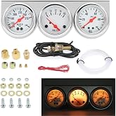 MAIMEIMI 2 inch 52mm Triple Gauge kit with Dashboard, 3 in 1 Car Meter Auto Gauge Set Volt Meter Water Temperature Gauge Oil Pressure Gauge with LED Light for Cars Tractor Trucks (White)