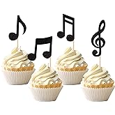 24 PCS Music Notes Cupcake Toppers Black Glitter Musical Symbol Cupcake Picks for Rock Music Concert Theme Baby Shower Wedding Birthday Party Cake Decorations Supplies