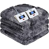 Sealy Electric Blanket Queen Size, Faux Fur & Flannel Heated Blanket with 10 Heat Setting & 1-12 Hour Auto Shut Off, Fast Heating Blanket, Machine Washable, Grey, 84 x 90 Inch