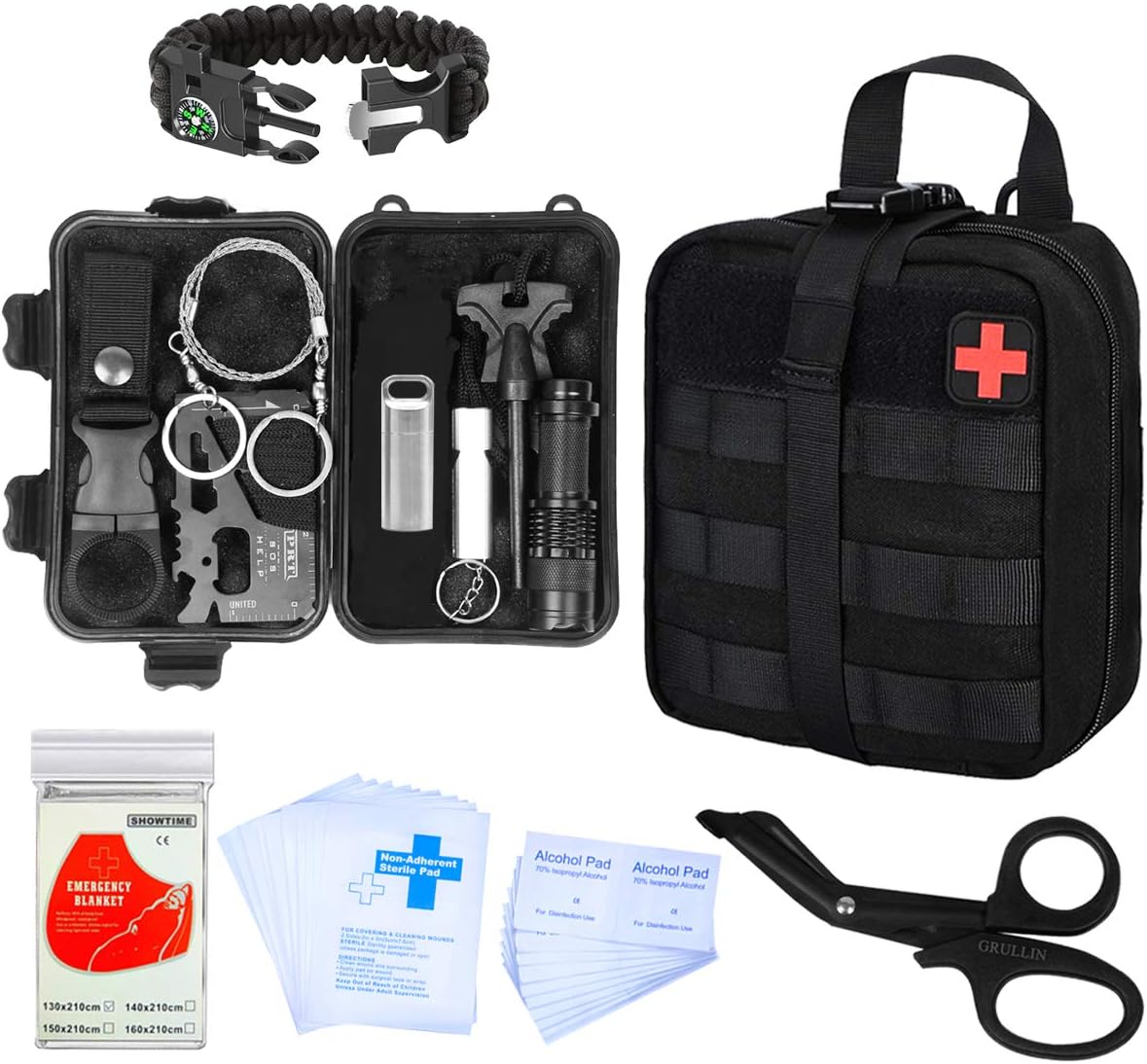 GRULLIN Survival Kit 44 in 1 Emergency First aid Survival Gear IFAK Pouch Tool Kit, Home Office Car Hiking Hunting Camping Adventure for Men Dad Boyfriend