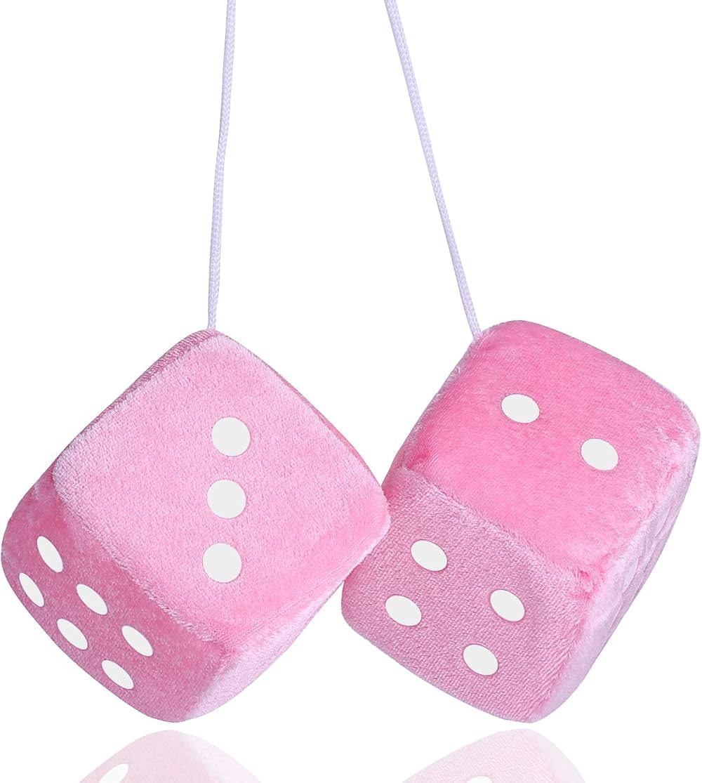 DIVINA VITAE Pink Fuzzy Dice for Rear View Mirror 2.75in Pair Car Ornament