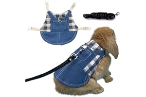 Vehomy Rabbit Harness and Leash Small Animal Clothes for Rabbit Guinea Pig, Bunny Plaid Harness Leash Guinea Pig Blue Denim Black and White Plaid Dress for Kitten Chihuahua and Other Small Animals M