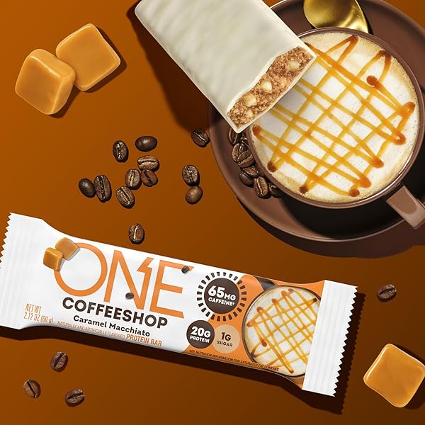 ONE COFFEE SHOP CAFFEINATED PROTEIN BARS, CARAMEL MACCHIATO, GLUTEN FREE WITH 20G PROTEIN AND 65MG OF CAFFEINE ENERGY, PANTRY STAPLES, 2.12 OZ (12 COUNT), PACKAGING MAY VARY