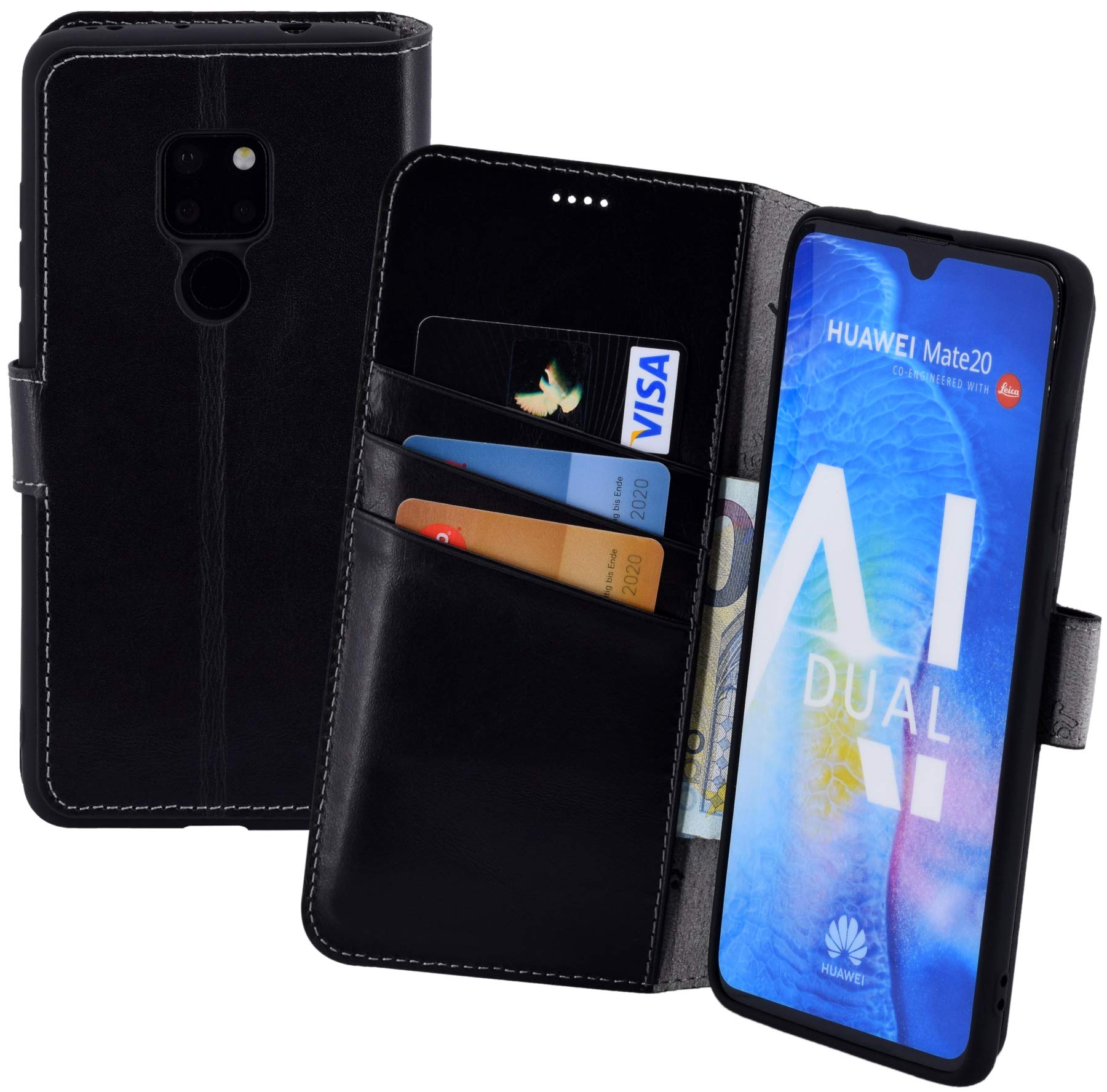 Suncase Book-Style compatible for Huawei Mate 20 case (Slim-Fit) leather case mobile phone case protective case (with stand function and card compartment - shatter-proof inner shell) in black
