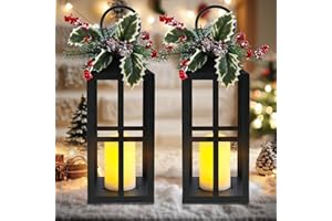 WONDER GARDEN Christmas Lanterns Decorative Indoor Outdoor, 2 Pack Black Christmas Lantern, 18 Inch Timer Decorative Candle Lanterns Flameless Light with Pine Cones and Needles for Home, Party, Farmhouse Decor