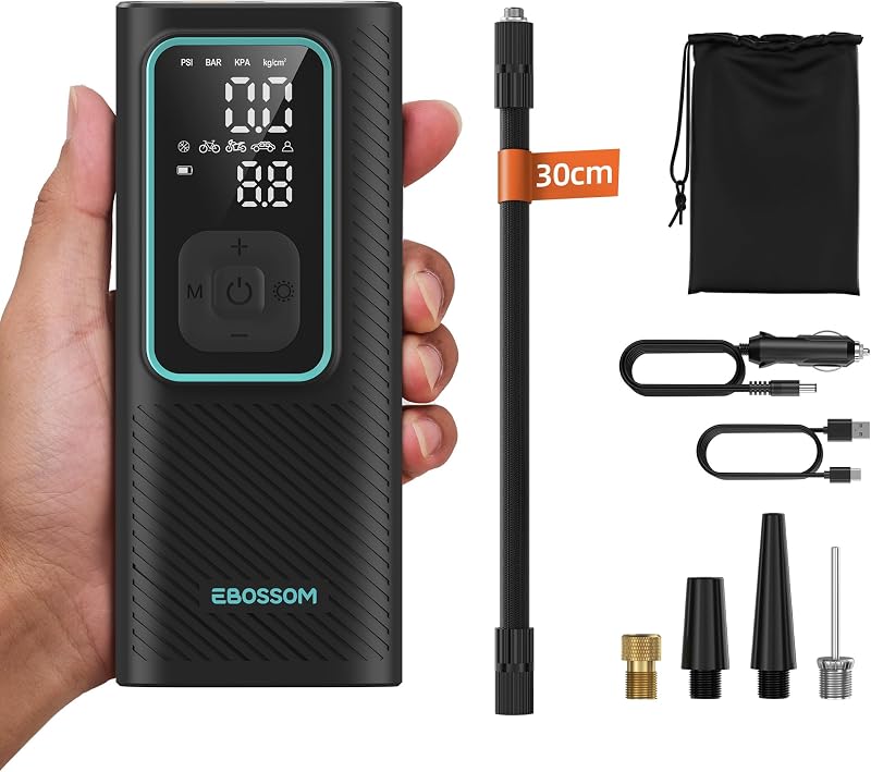Elektrische Luftpumpe 10,3Bar,Akku Kompressor Mini 6000mAh & 12V DC-Zigarettenanzünder, Tragbare Fahrradpumpe mit alle ventile für Auto,Motorrad,Fahrrad,Pumpe mit LED-Licht,Automatischem Abschalten