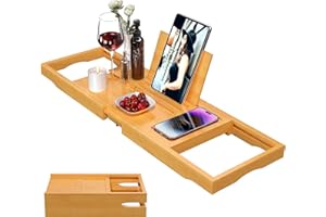 YOUPEHOM Premium Bathtub Caddy Tray,Expandable Bamboo Bath Tray for Tub,Foldable Minimalist Bathroom Accessories with Book Stand for Home Spa Relaxing,Unique House Warming Gifts,Natural