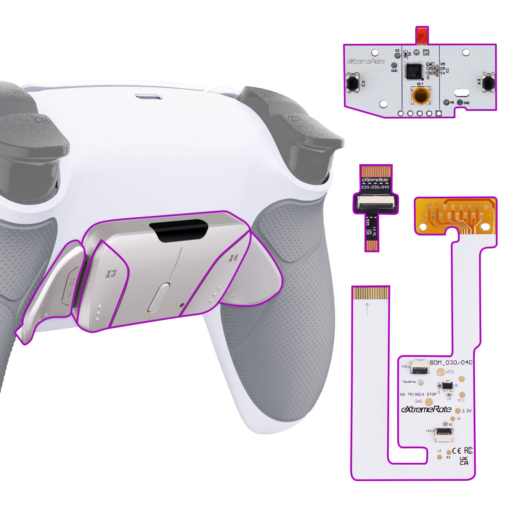 eXtremeRate Real Metal Buttons RMB RISE4 V3 Remap Kit for PS5 Controller BDM-030 040 050, Redesigned Gray Rubberized Grip White Bottom Shell Upgrade Board 4 Silver Back Paddles Set for PS5 Controller