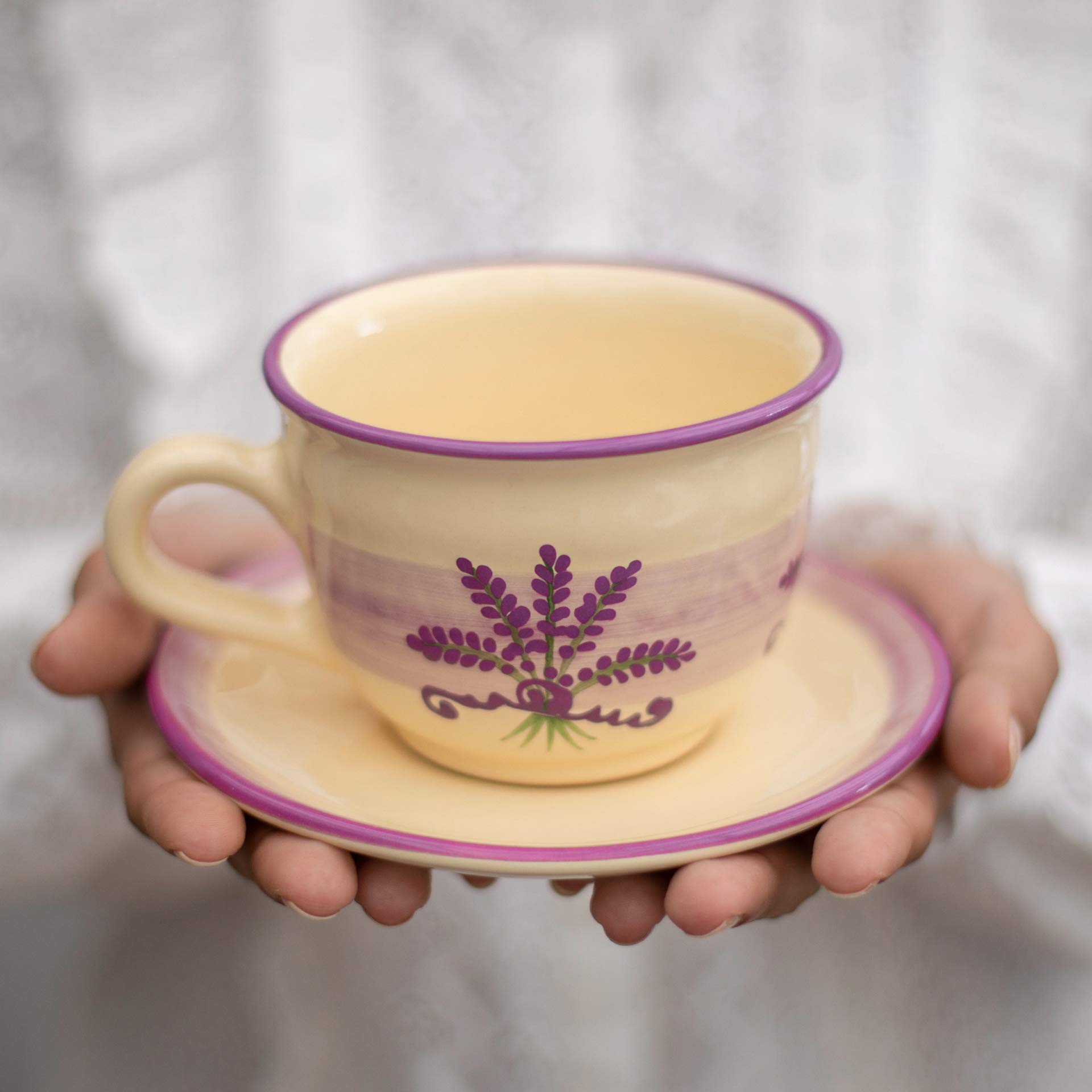 City to Cottage® Lavender Pattern Purple and Cream | Designer Handmade Hand Painted | Large Unique Ceramic 12oz/350ml | Cappuccino Coffee Tea Cup with Saucer | Gift