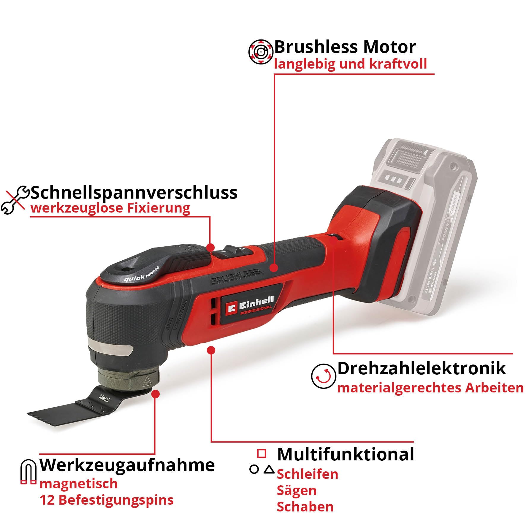 Einhell Professional Akku-Multifunktionswerkzeug TP-MG 18 Li BL-Solo PXC (18 V, Anti-Vibration, Brushless, 3 Funktionen, magnetische Aufnahme, inkl. Zubehör, ohne Akku) 3