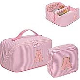 Birthday Gifts for Women - Travel Makeup Bag for Women, 2Pcs Portable Personalized Initial Makeup Organizer Bag, Open Flat Large Cosmetic Bag With Travel Essential Pouch (Pink Letter A)