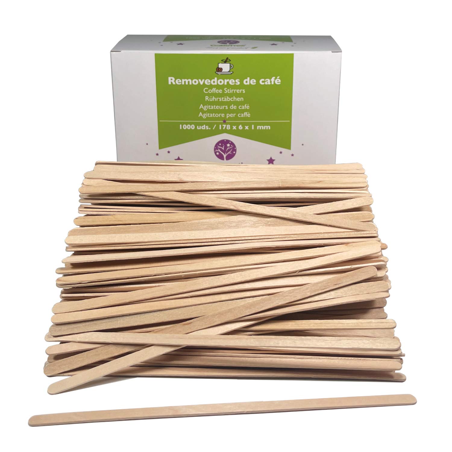GoBeTree 1000 coffee stirrers made of 7" wooden pallets. Disposable coffee stirrers, coffee and tea stirrers, and craft sticks