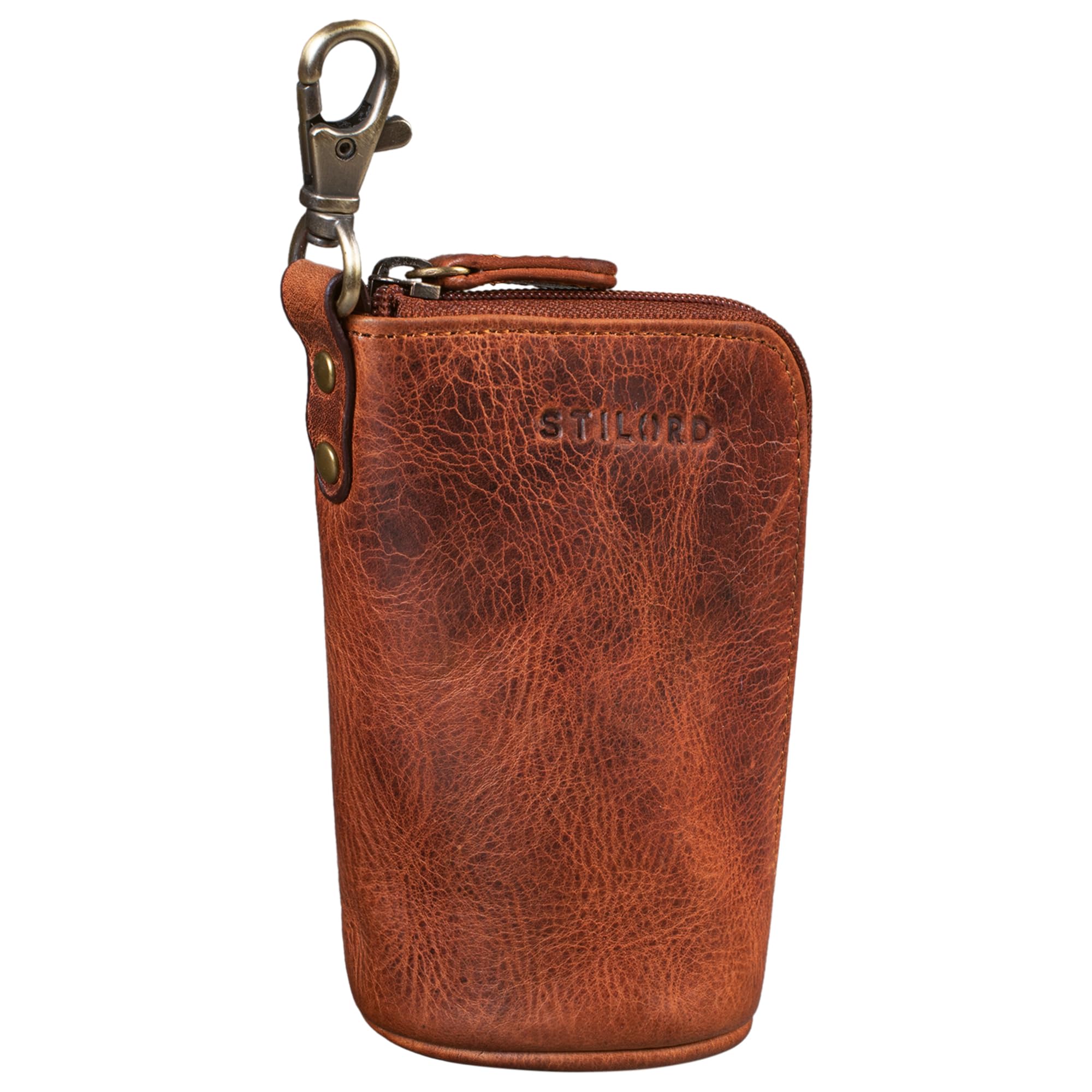 STILORD 'Tanner' Key Pouch Leather Key Case Car Key Holder with Key Fob Mini Wallet RFID Vintage Genuine Leather, Colour:Kara - Cognac