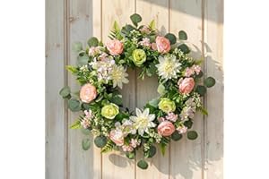 24 Inch Spring Wreath for Front Door - Large Artificial Dahlie & Eucalyptus Floral Wreath, Handcrafted Full Silhouette Summer