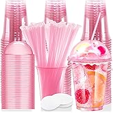 12oz Disposable Stemless Glasses With Dome Lids and Straws,PET Solo Disposable Cups,Party Clear Plastic Wine Glasses for Parties Birthday,Wedding,Meeting,Christmas Party Supplies. (50, Pink)