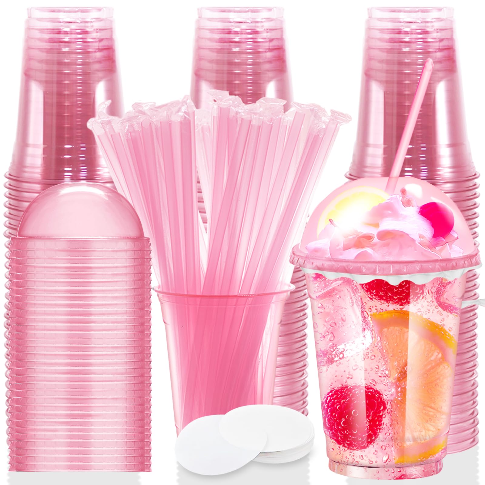 Photo 1 of 12oz Disposable Stemless Glasses With Dome Lids and Straws,PET Solo Disposable Cups,Party Clear Plastic Wine Glasses for Parties Birthday,Wedding,Meeting,Christmas Party Supplies. (50, Pink)