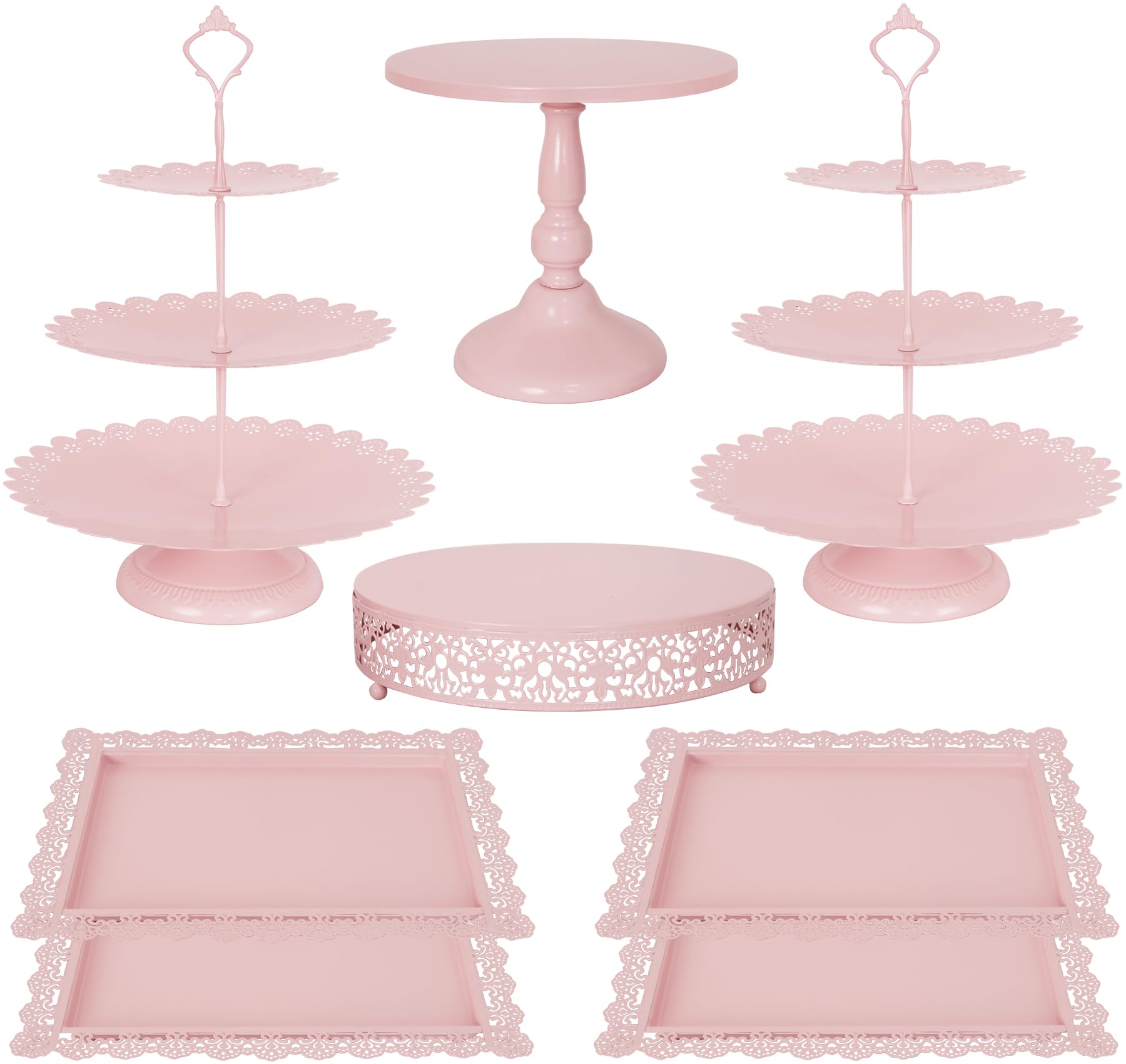 Photo 1 of Fivenl 8 Pcs Cake Stand Pink Metal Dessert Table Display Set, 3-Tier Cupcake Stand, Cake Display Tower and Cookie Tray Rack Serving Tray for Birthday Party, Weddings, Baby Shower (Pink)
