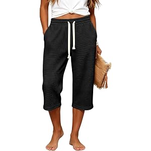 Women's Waffle Capris Drawstring Elastic High Waisted Cropped Sweatpants Casual Summer Jogger Trousers