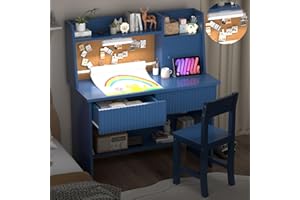RUPOLX Blue Wooden Kids Fluted Desk and Chair Set,Kids Study Desk with 3-Color Lights,Kid Study Table with Paper Roll Dispens