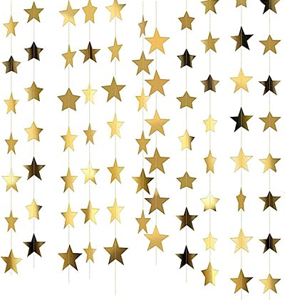 Udewo 52 Feet Reflective Star Paper Garland Gold 4 Pack 13ft Each Banner
