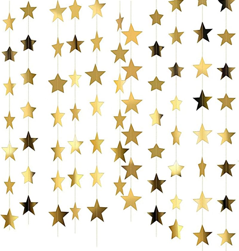 Udewo 52 Feet Reflective Star Paper Garland Gold 4 Pack 13ft Each Banner