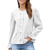 Quatrefox Women Eyelet Long Sleeve Tops Shirts Dressy Cotton Embroidered Ruffle Sleeve Round Neck Button Up Blouse