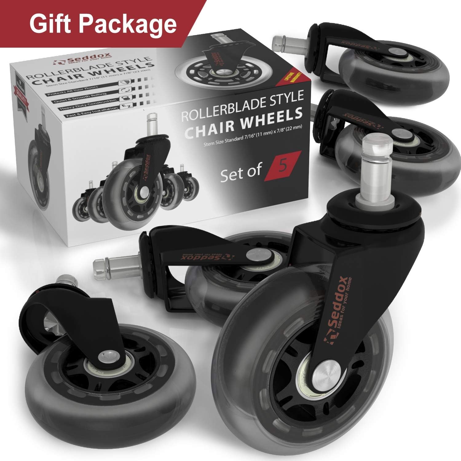 Professional Office Chair Caster Wheels Gift Set of 5 - Protect All Your Floors - 3'' Heavy Duty Replacement Rubber Desk Chair Casters - Best Protection for Your Hardwood Floors : Office Products