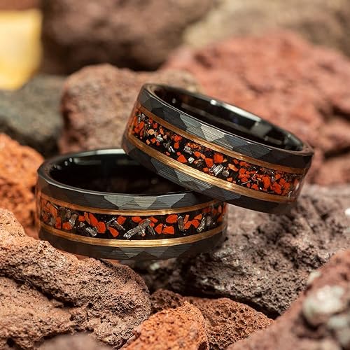 Dinosaur Bone Meteorite Mens Wedding Ring Hammered Black - Main Image