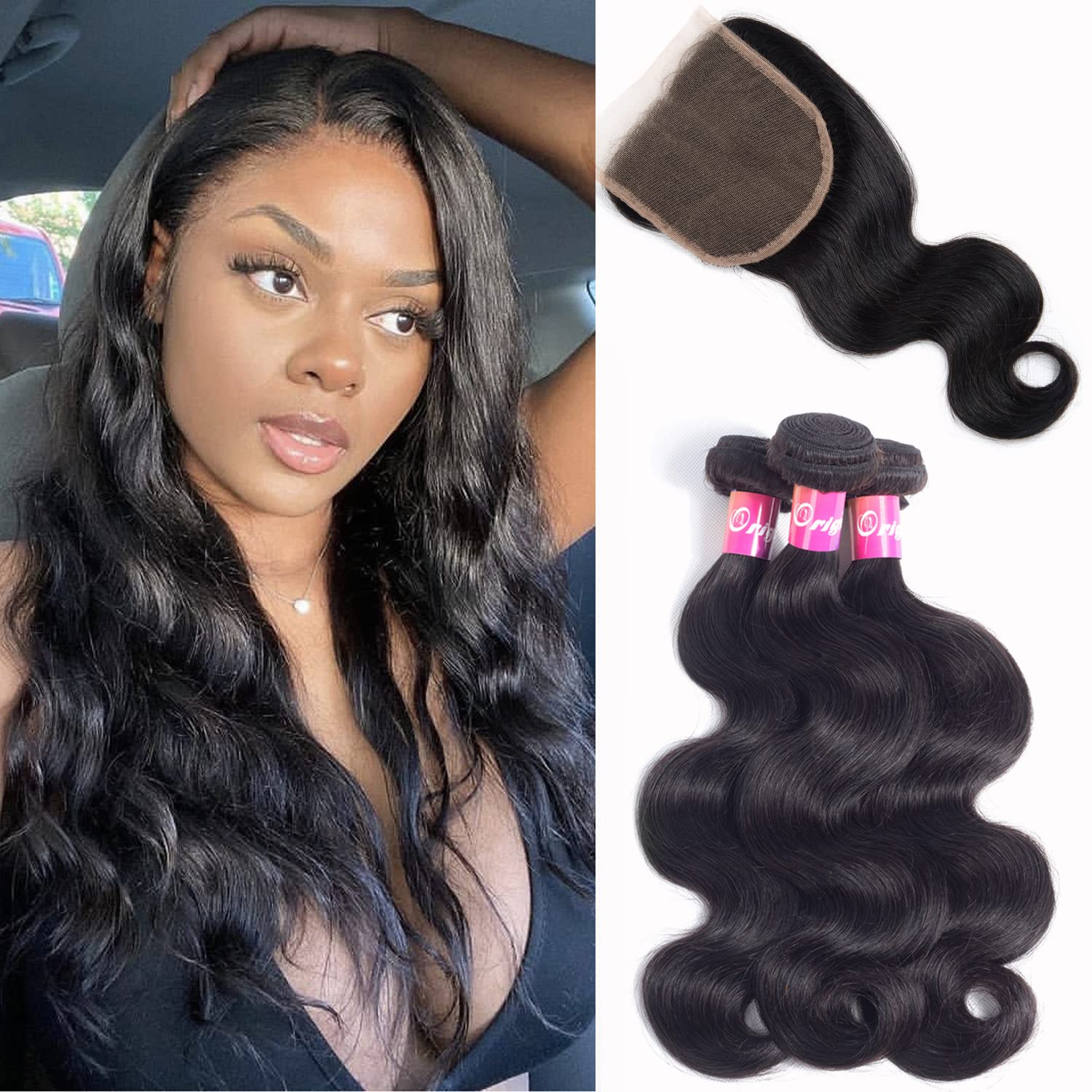 Brazilian Body Wave Virgin Hair 3 Bundles With Closure Free Part 100% Unprocessed Human Hair Remy Hair Extensions Natural Color 100g/pcs By Originea (14/16/18+12 Inch)