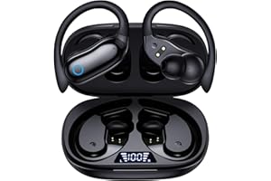 GNMN Bluetooth Headphones Wireless Earbuds 96hrs Playback Ear Buds IPX7 Waterproof Stereo Bass Over-Ear Earphones with Earhooks Microphone LED Battery Display for Sports/Workout/Gym/Running Black