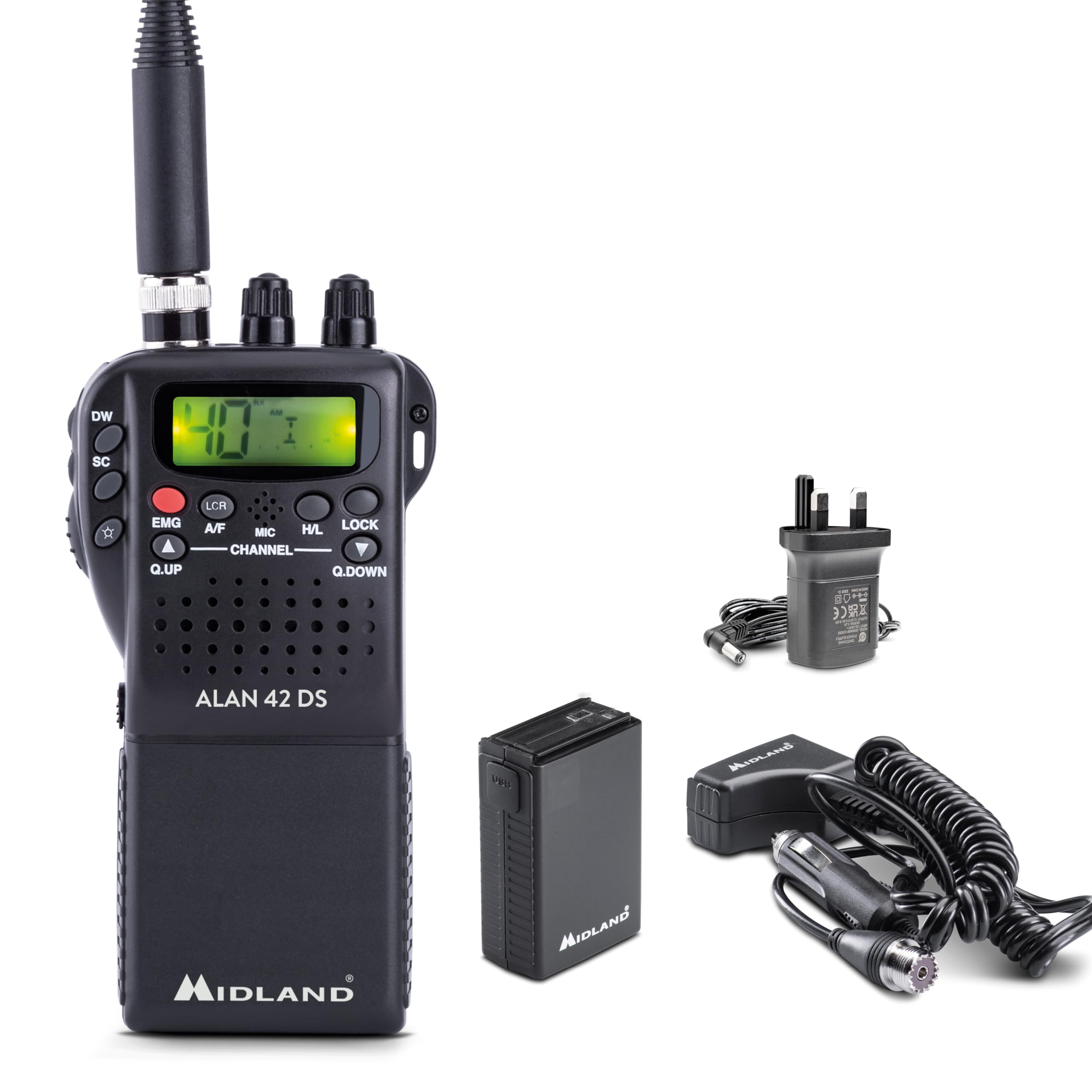 Midland - Alan 42 DS CB Radio Portable Transceiver, License-Free, Multi-Band for All EU Countries, Digital Squelch - Professional Transceivers AM/FM with 2-Pin Socket, Antenna, and Accessories