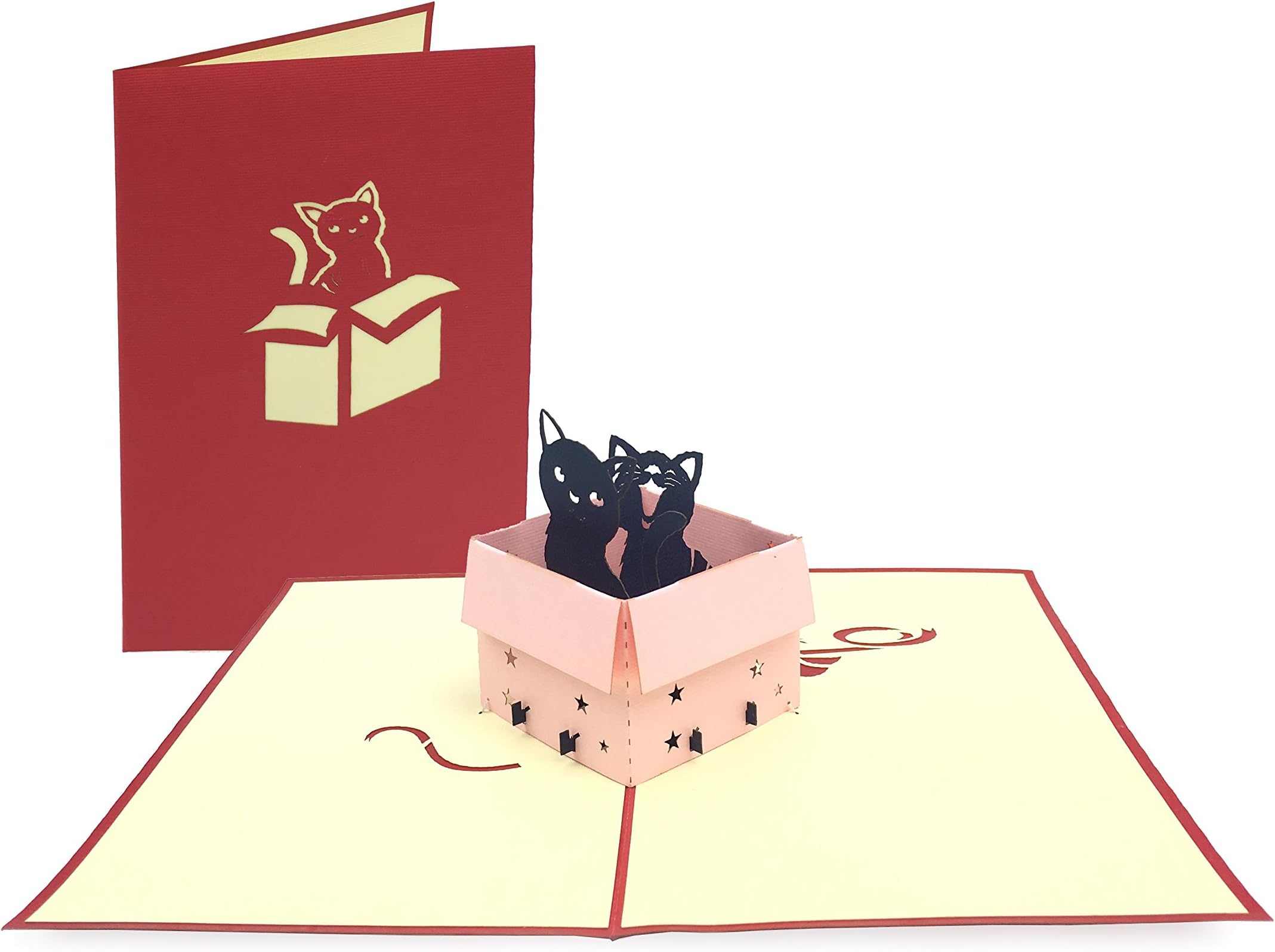 Birthday card motive "Cats from gift box" fancy pop up 3D card, blank for beautiful birthday greetings. Original as a birthday card or funny invitation card for the birthday + envelope
