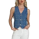 Women's Denim Vest Button Down Jean Vest Sleeveless Jean Tank Tops Cropped Casual Y2K Fashion Waistcoat