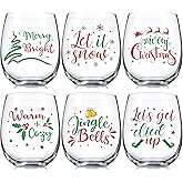 Umigy Set of 6 Winter Stemless Wine Glasses, 12 oz Winter Wine Glassware Funny Holiday Glass Drinkware Mug Cup for Holiday Festive Gatherings(Stylish Style)