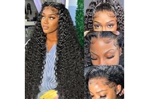 Kdmidun 28 Inch 13x6 Deep Wave Lace Front Wigs Human Hair Pre Plucked 200% Density 13x6 HD Transparent Lace Frontal Curly Wigs Human Hair Glueless Deep Curly Human Hair Wigs For Women Natural Black